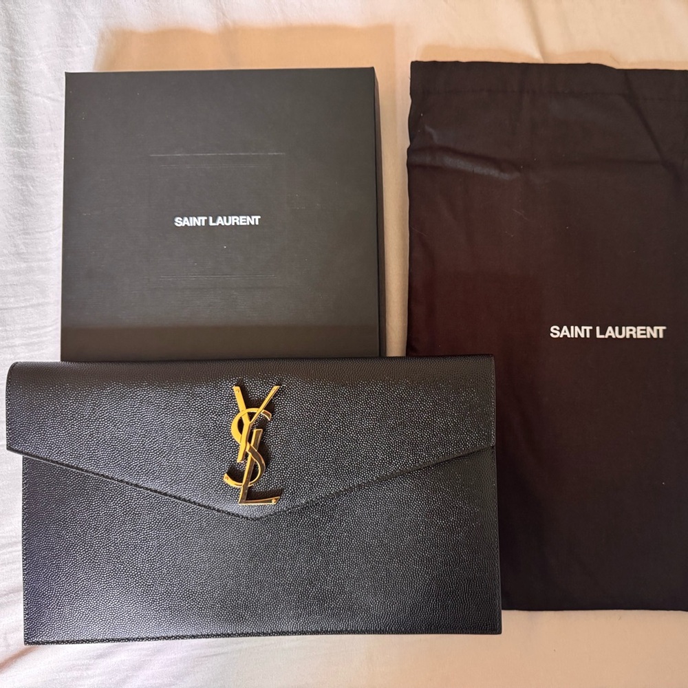 Saint Laurent Black Envelope Clutch with Gold Emblem